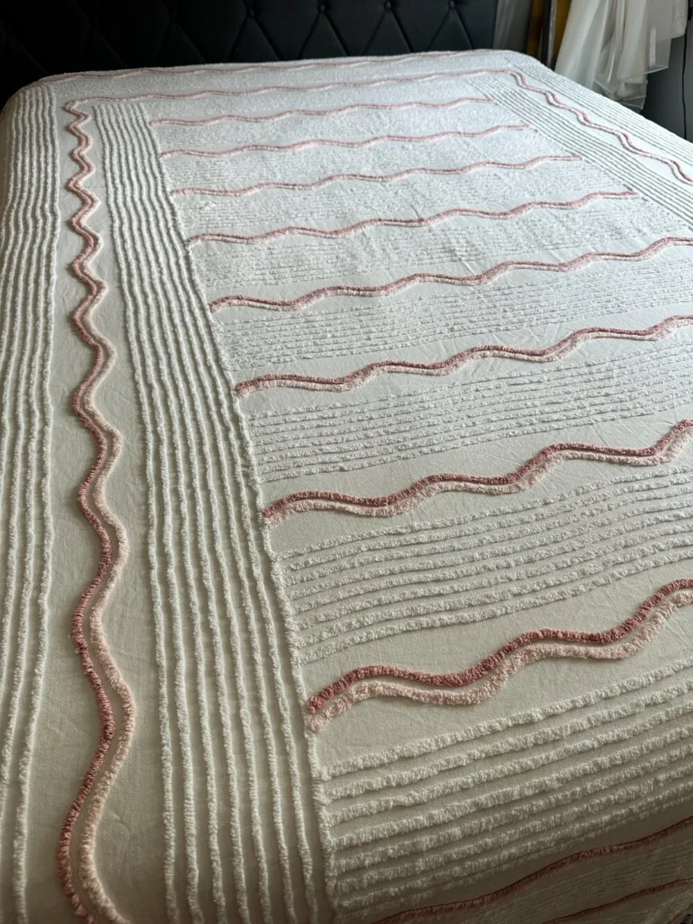 Vintage Chenille Bedspread White Pink Cover 100” x 71